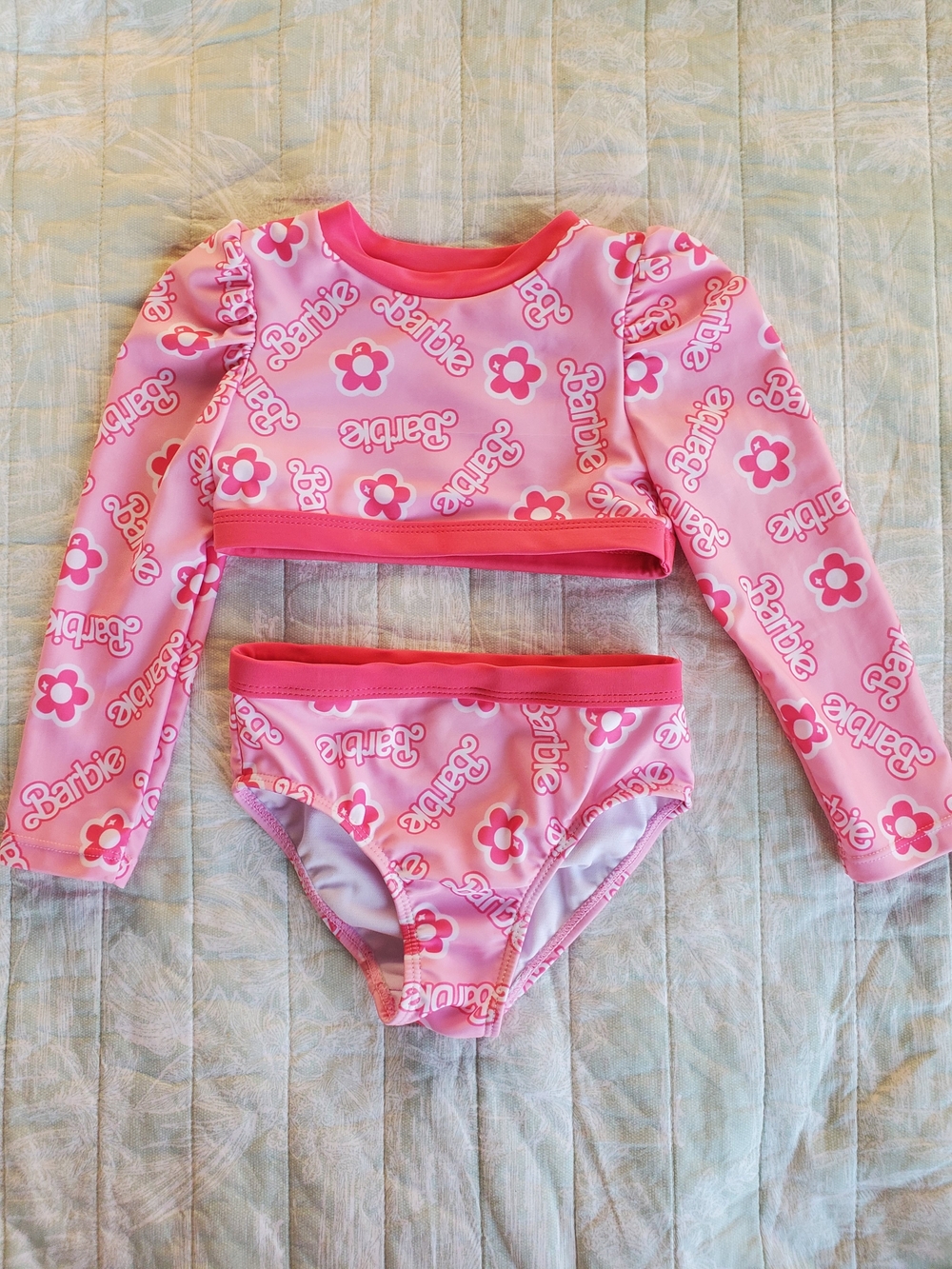 Kids Pink Barbie Logo Floral Long-Sleeve Swim Set